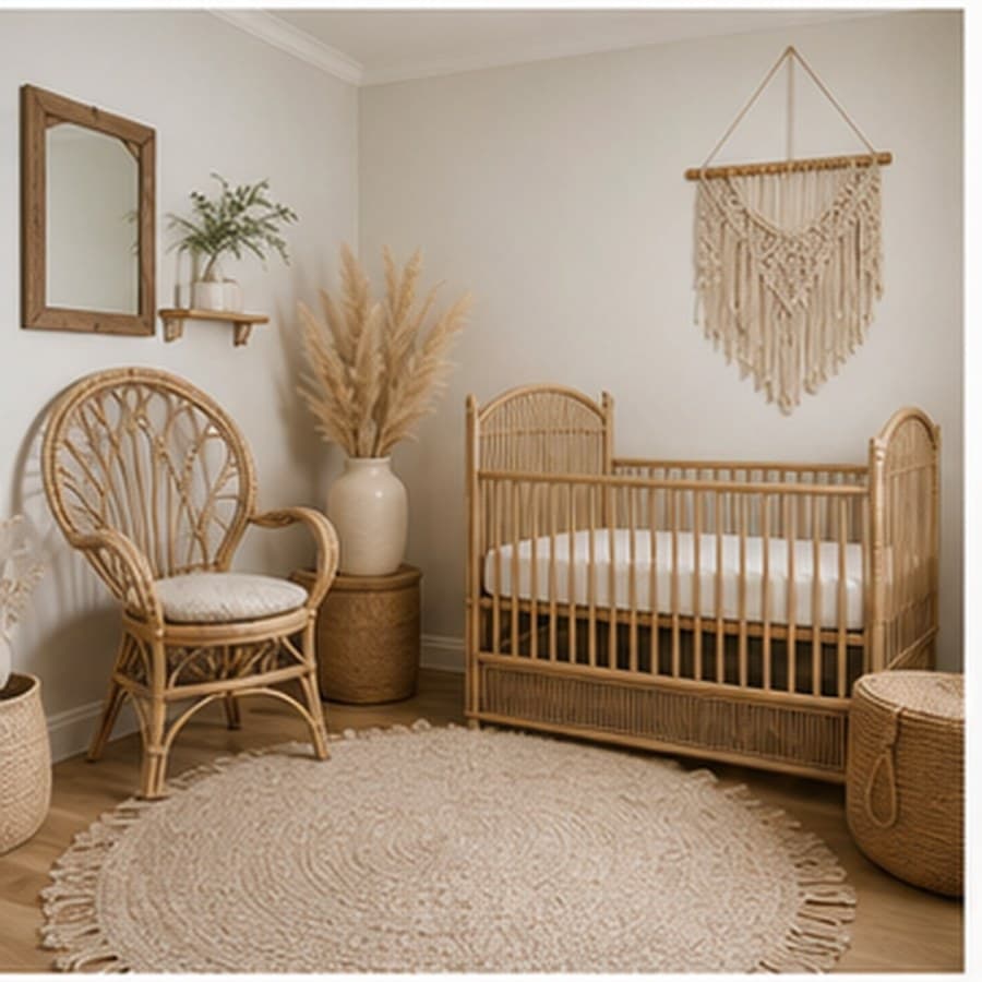 Boho nursery concept with a rattan chair, wall textile, wood crib, and natural finishes.