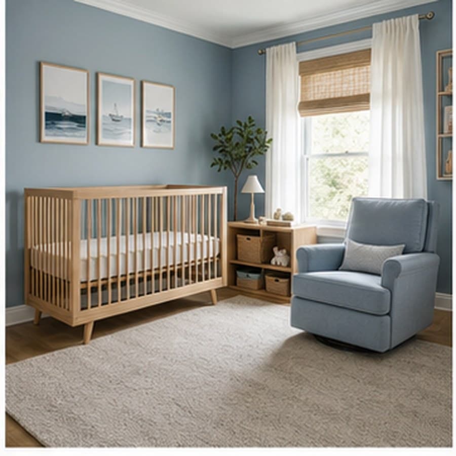 Muted blue nursery concept with a wood crib, glider, and framed wall art.