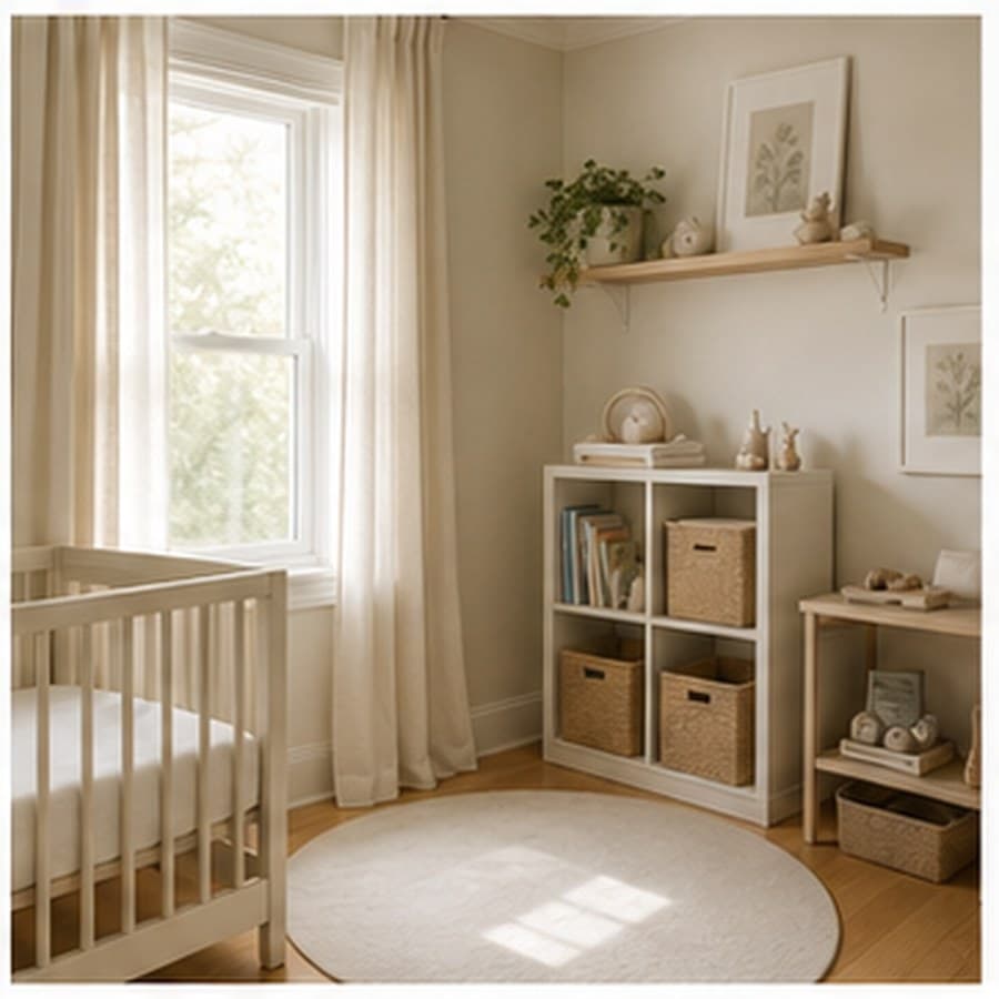 Nursery corner concept with a compact crib and vertical storage shelves.
