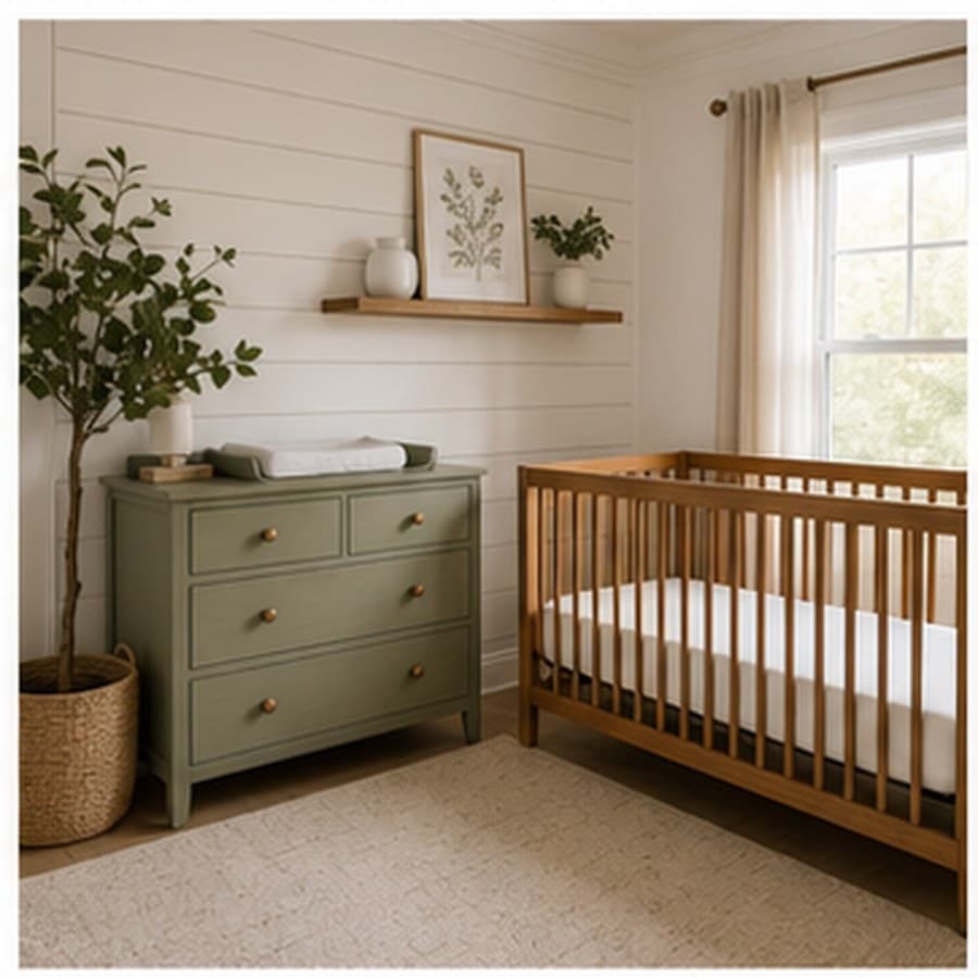 Farmhouse nursery concept with a painted dresser, paneled wall, and wood crib.