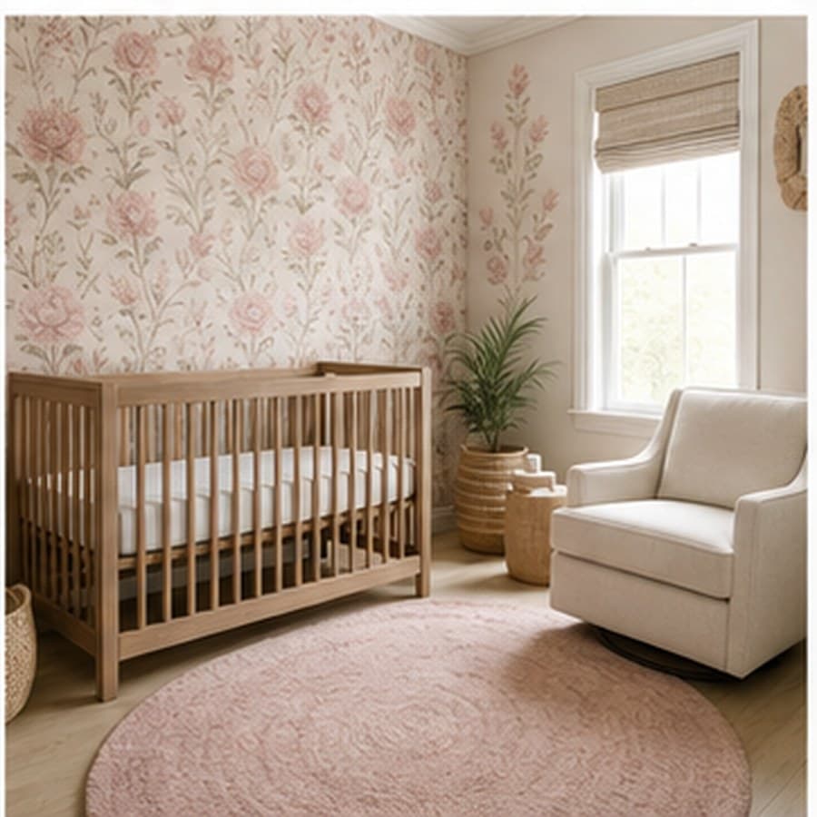 Floral nursery concept with pale rose wallpaper, a wood crib, and soft rug.
