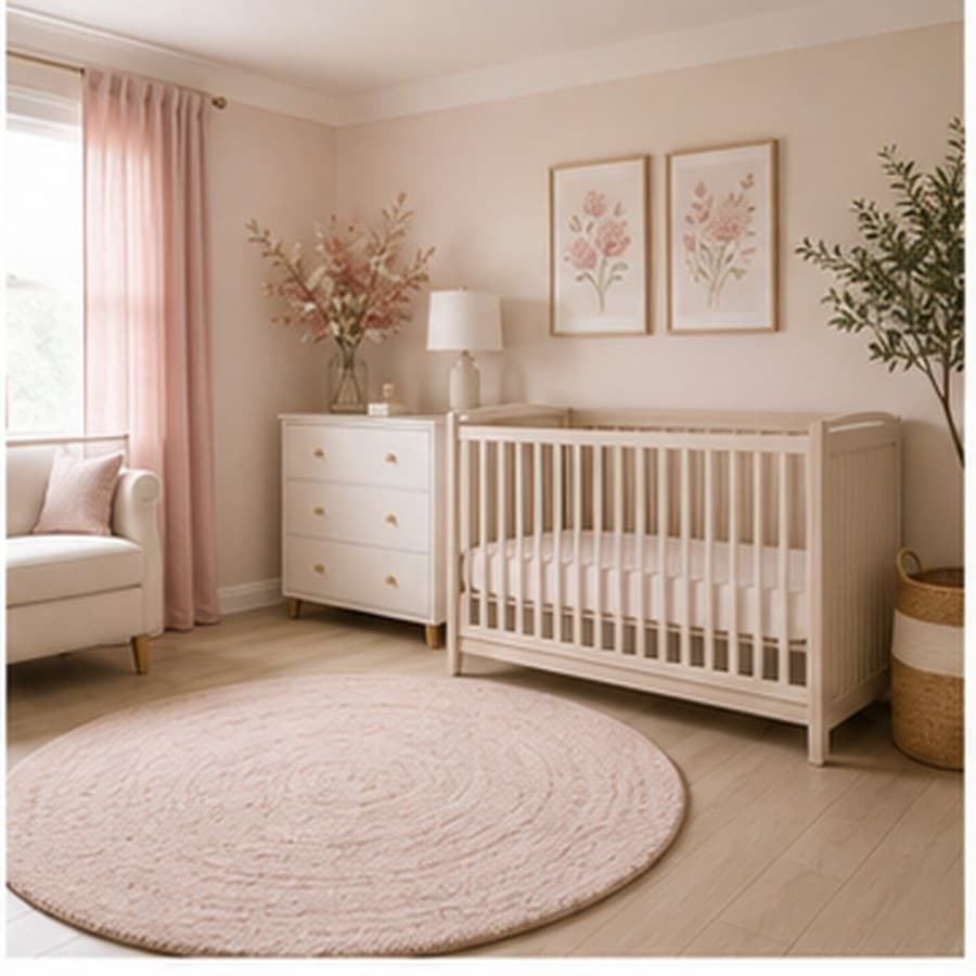 Blush nursery concept with floral art, a wood crib, and a cream feeding chair.