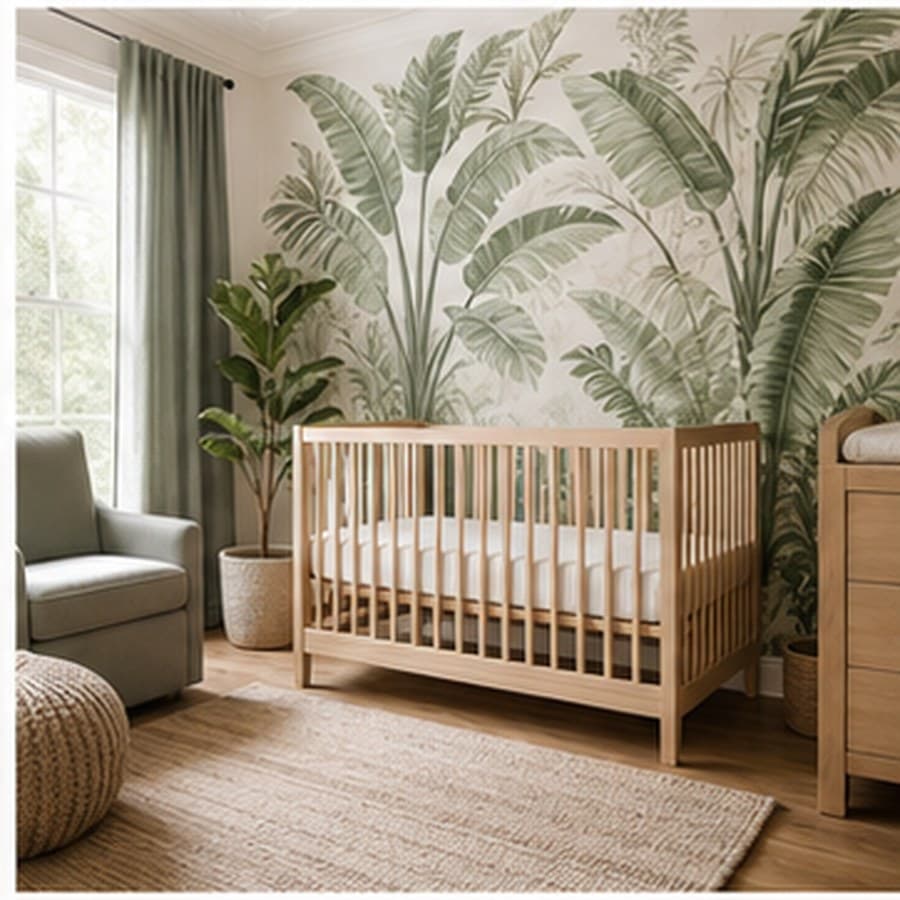 Jungle nursery concept with a leafy mural, natural wood crib, and open floor area.