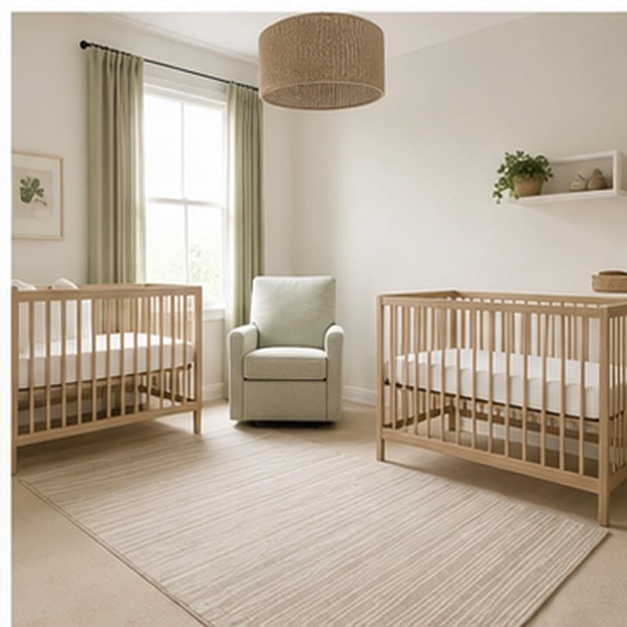Minimalist nursery concept with cream walls, a light wood crib, and uncluttered layout.