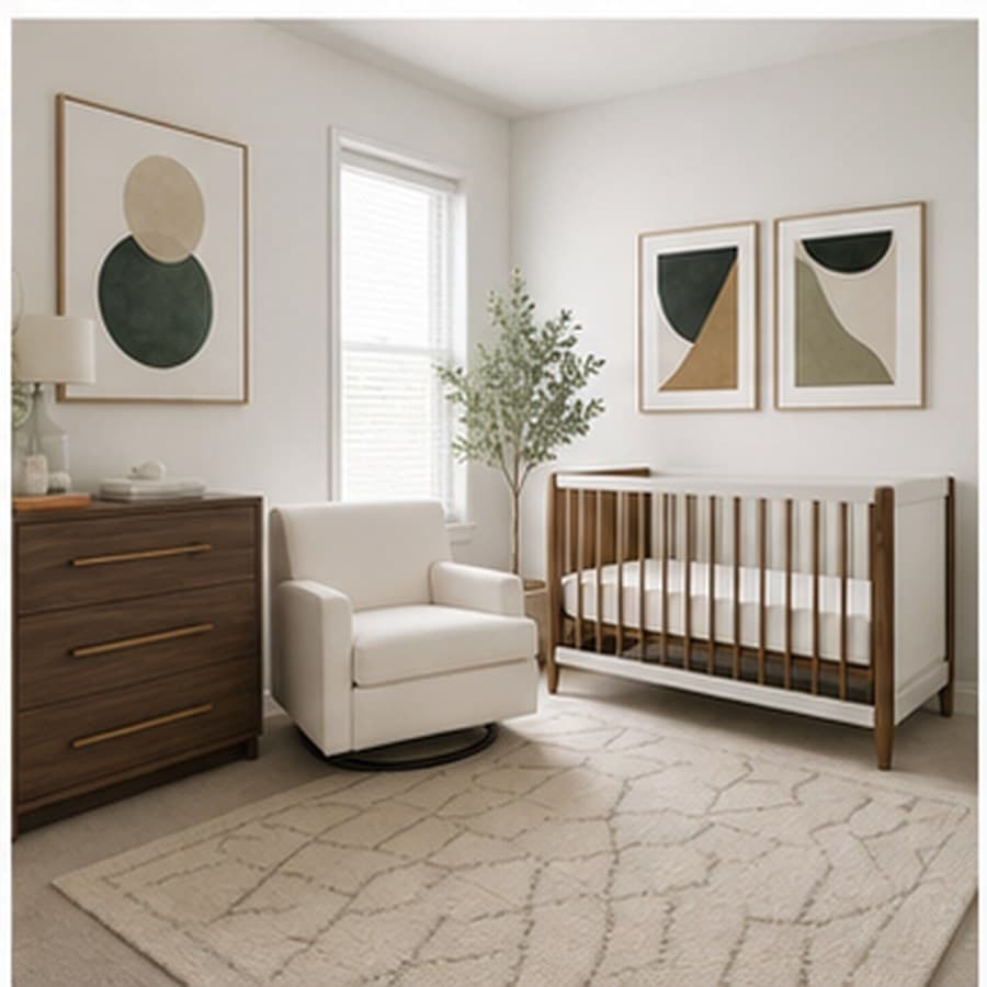 Modern nursery concept with simple art, a walnut dresser, white chair, and crib.
