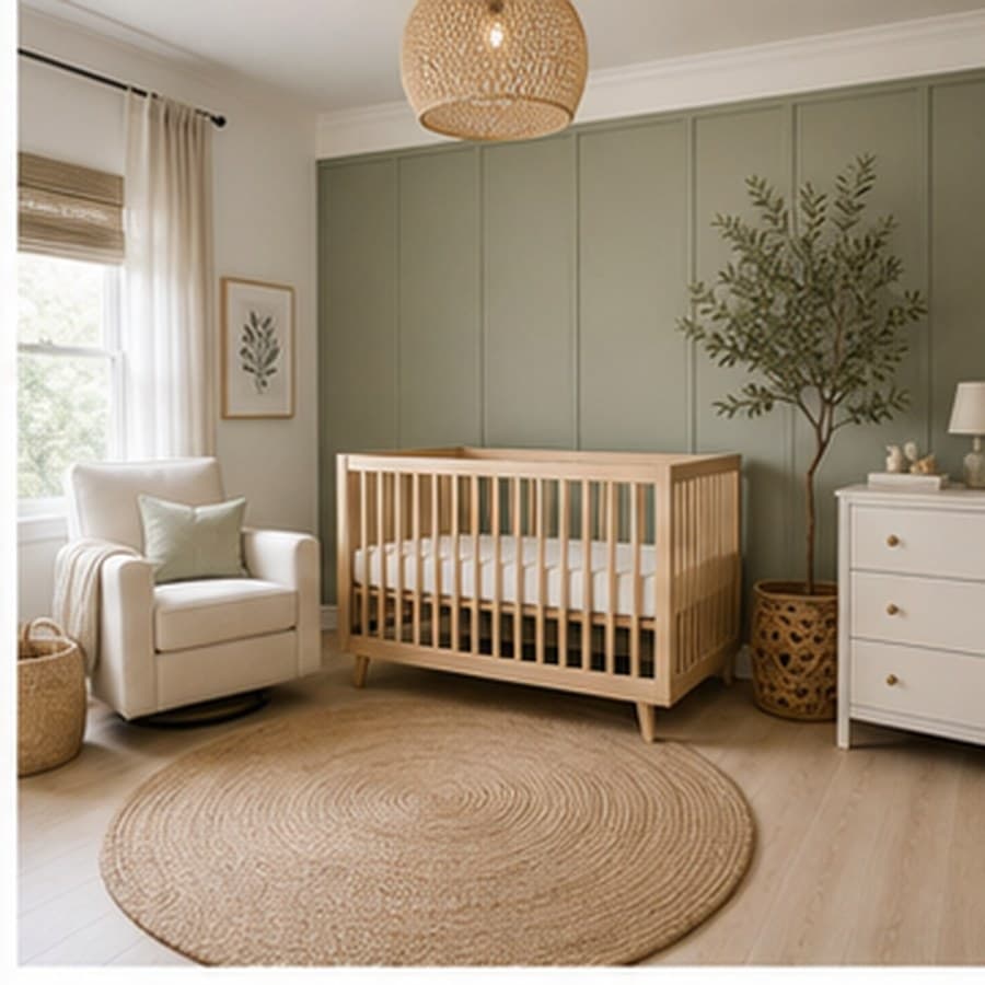 Gender-neutral nursery concept with sage cabinetry, a woven rug, and a wood crib.