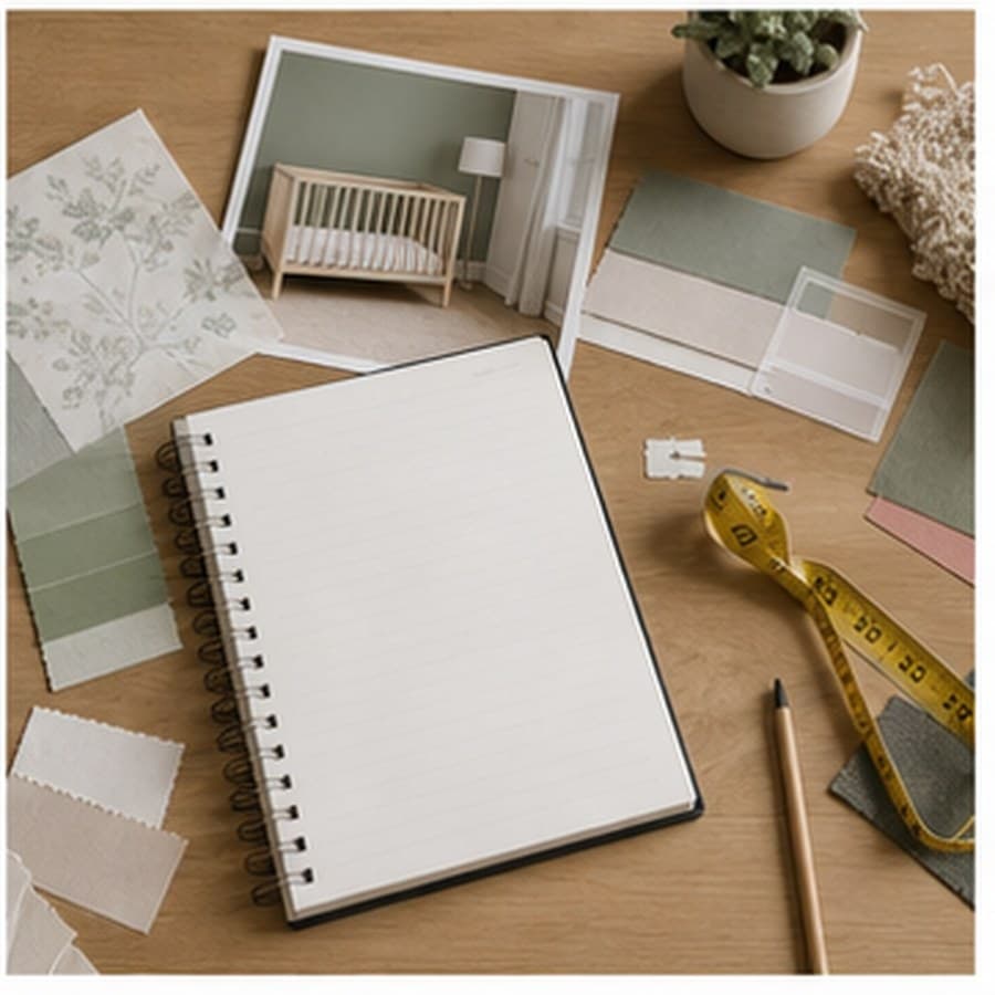 Nursery planning desk concept with a notebook, swatches, and mood board.