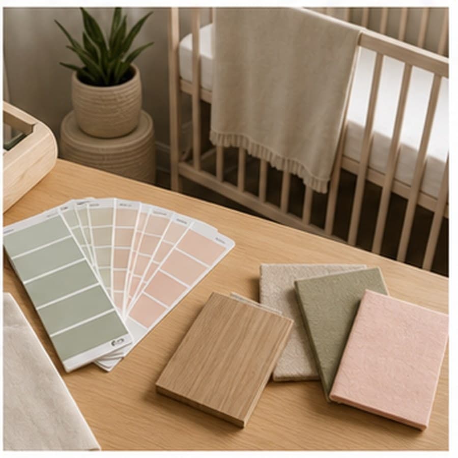 Nursery color planning concept with paint swatches, a wood sample, and fabric.