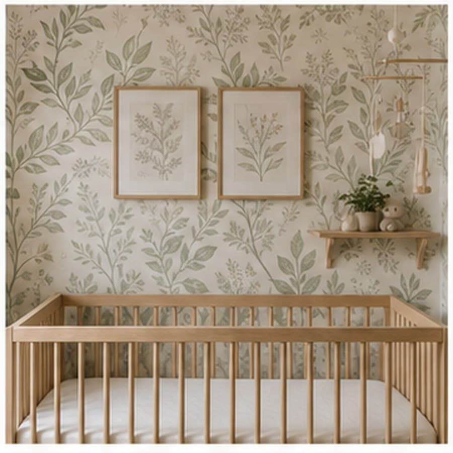 Nursery decor concept with botanical art, a wall shelf, and soft wallpaper.