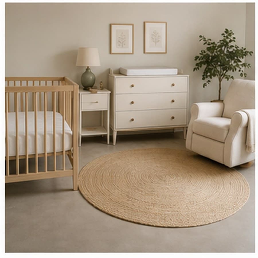 Nursery furniture concept with a crib, dresser, glider, lamp, and rug.