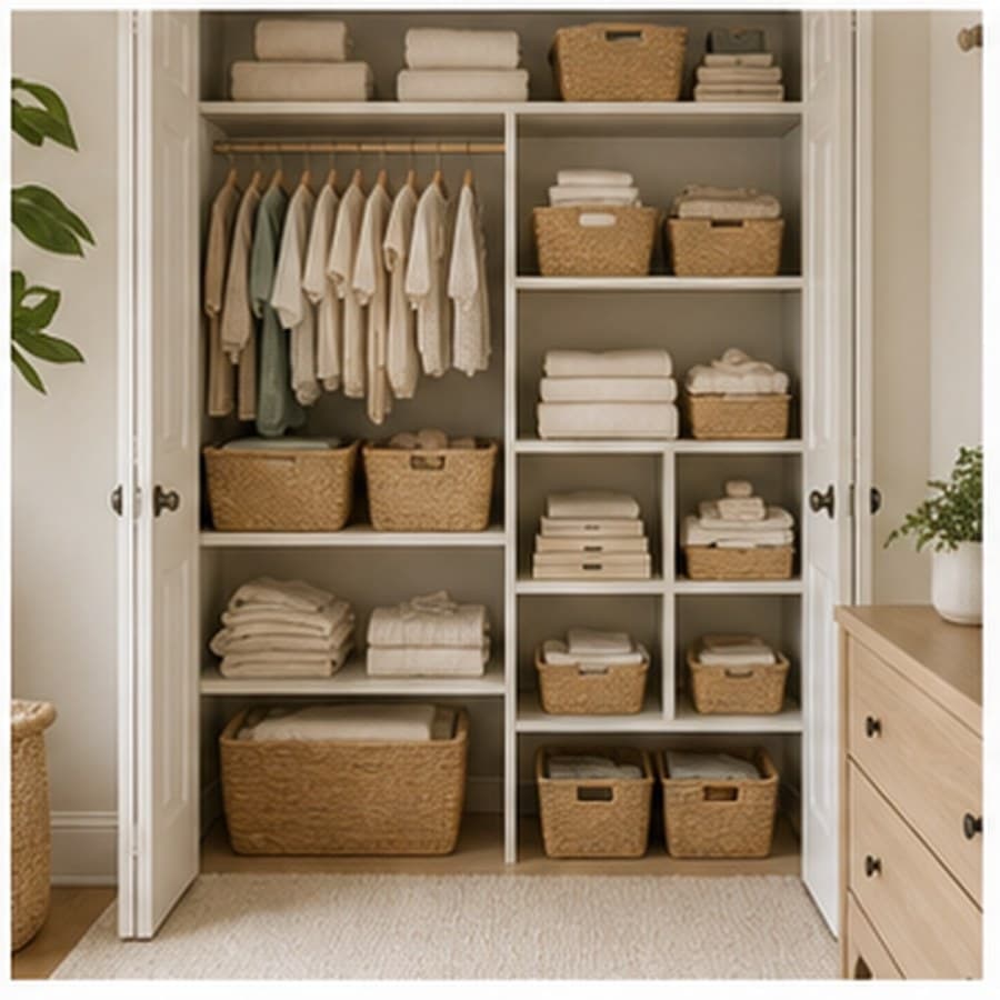 Nursery closet organization concept with baskets, folded clothes, and shelves.
