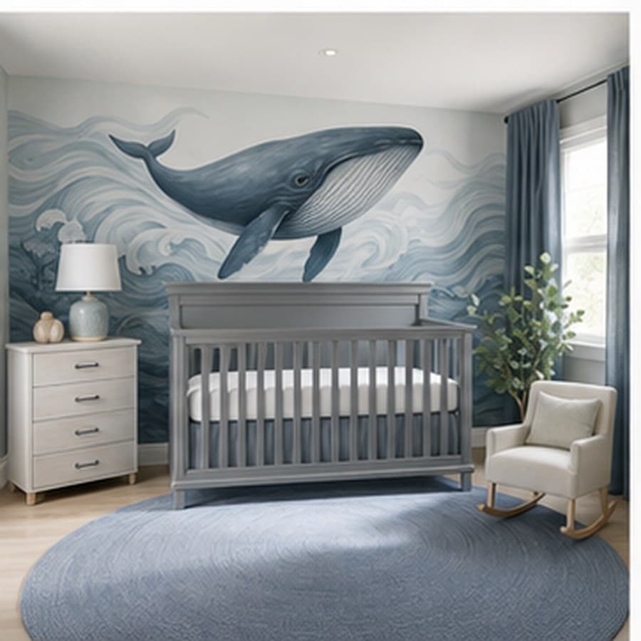Ocean nursery concept with whale wall art, a muted blue palette, and wood crib.