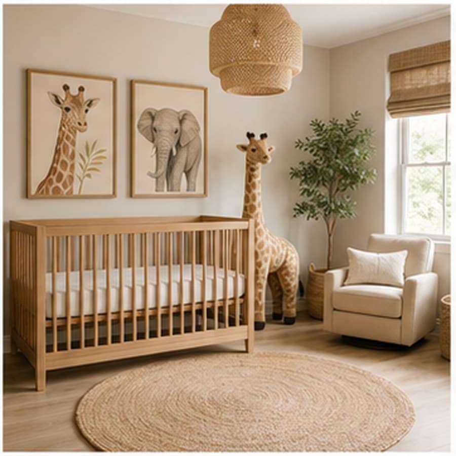 Safari nursery concept with animal art, a wood crib, and a warm neutral palette.
