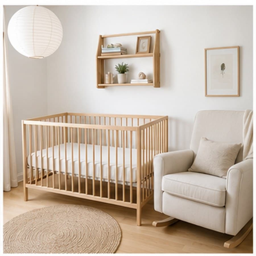 Scandinavian nursery concept with pale wood, white walls, and simple storage.