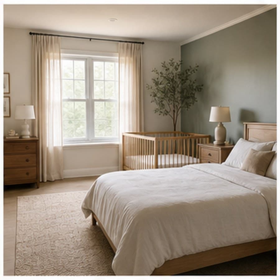 Shared bedroom concept with an adult bed and a distinct nursery zone.