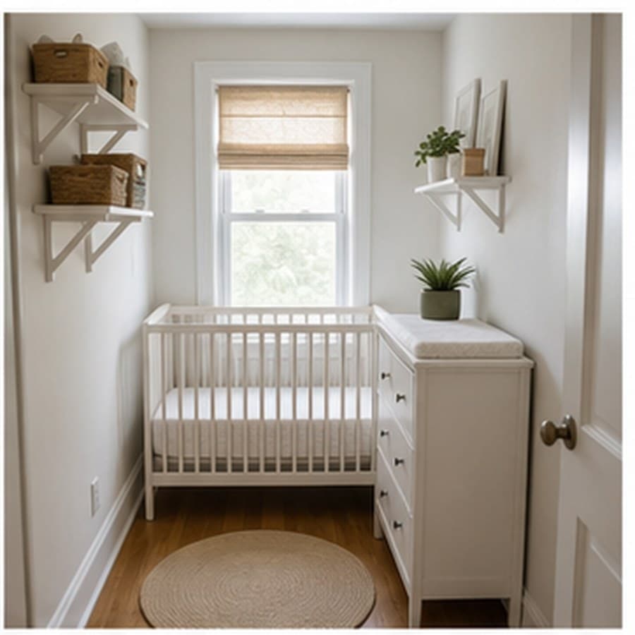 Compact nursery concept with a crib, dresser, wall shelves, and central walking route.