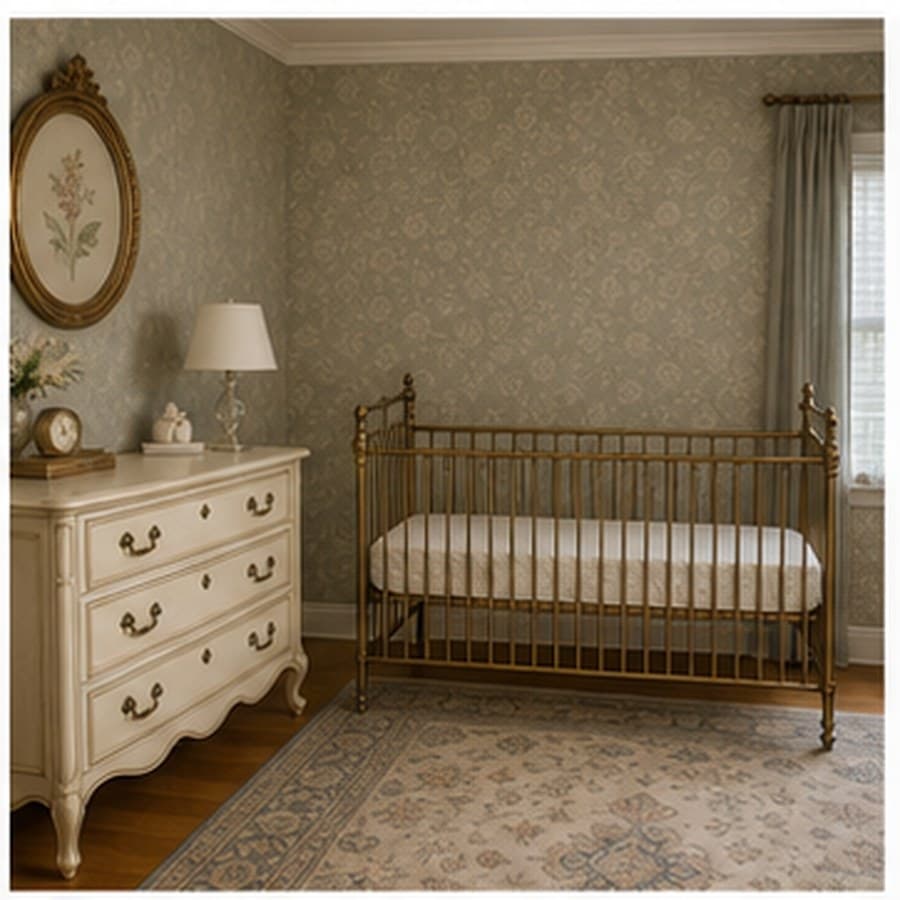 Vintage-inspired nursery concept with a traditional dresser, muted wallpaper, and crib.