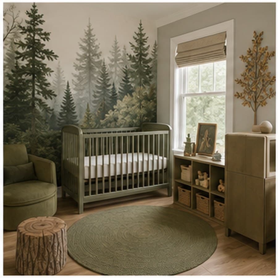 Woodland nursery concept with a forest mural, sage rug, and wood crib.