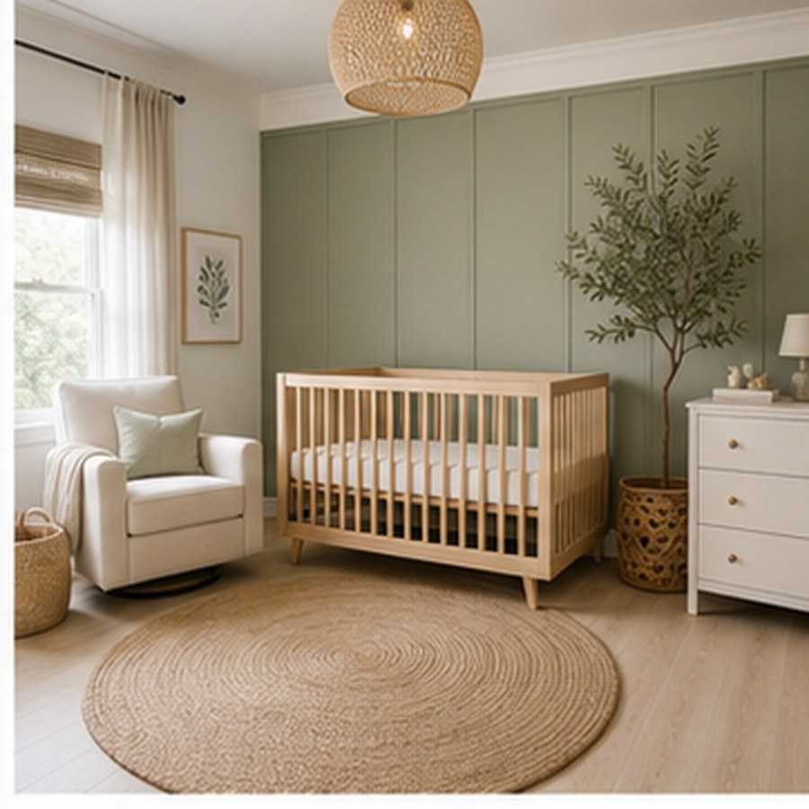 Generated gender neutral nursery with sage cabinetry, woven rug, and an empty safe crib.