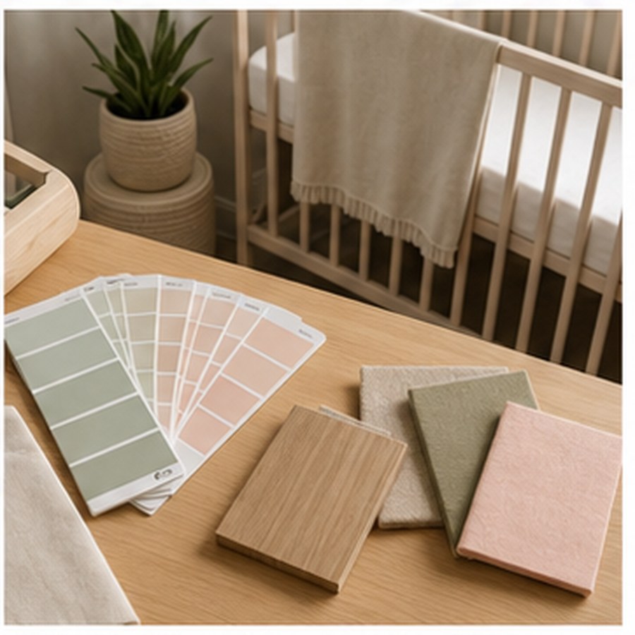 Generated nursery color palette scene with paint swatches, wood sample, and fabric.